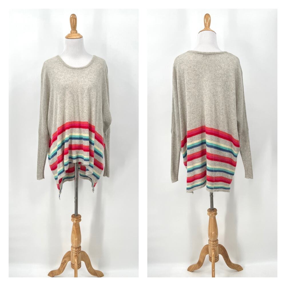 SUBTLE LUXURY Poncho Cashmere Sweater Womens XS Small Heather Gray Multi Stripe